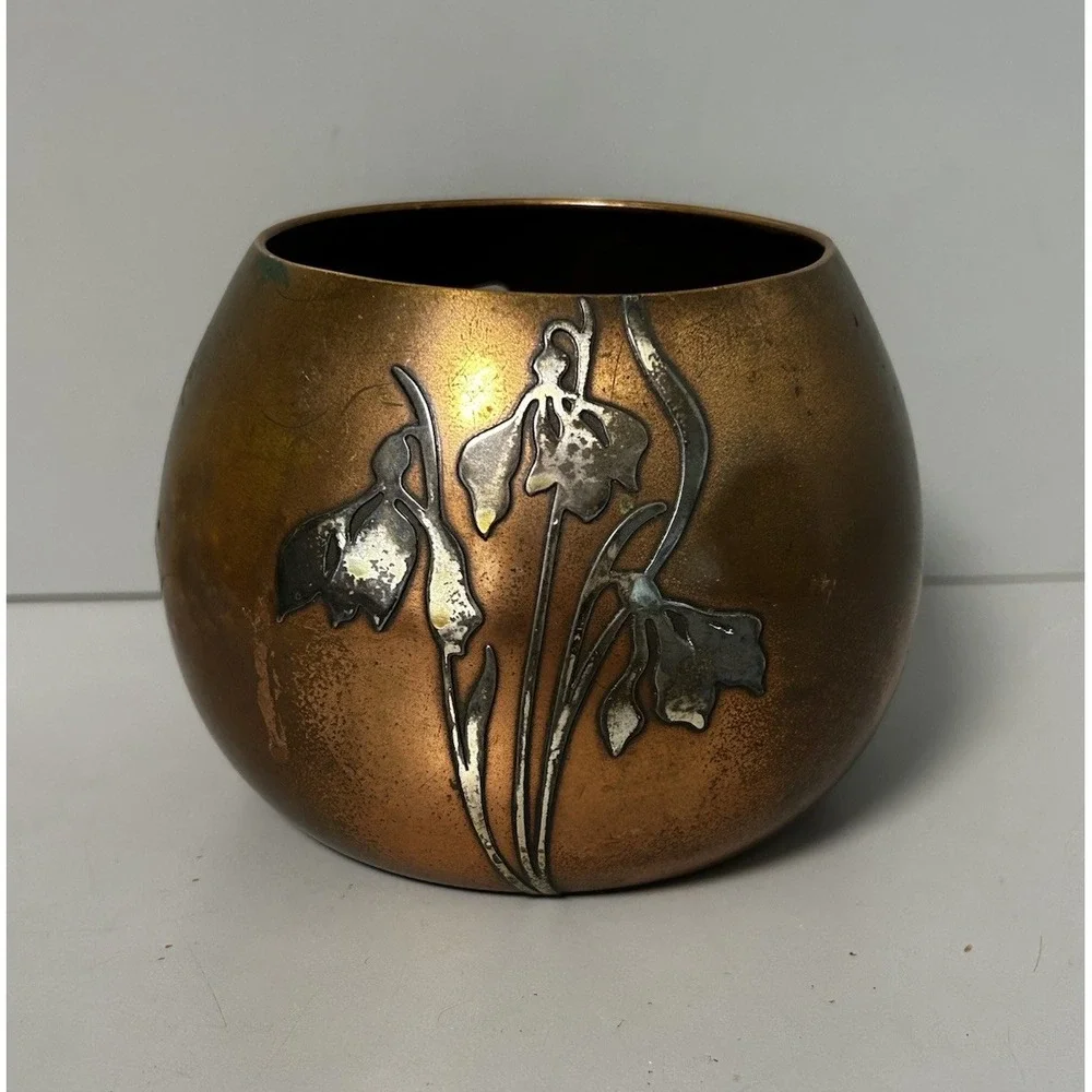 Otto Heintz Sterling Silver on Bronze Floral Round Ball Vase Art Nouveau Deco